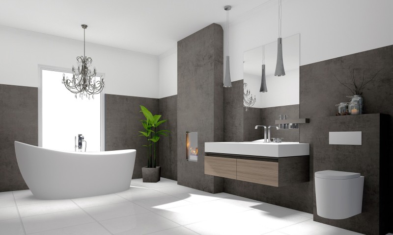 Luxurious modern bathroom with freestanding bathtub